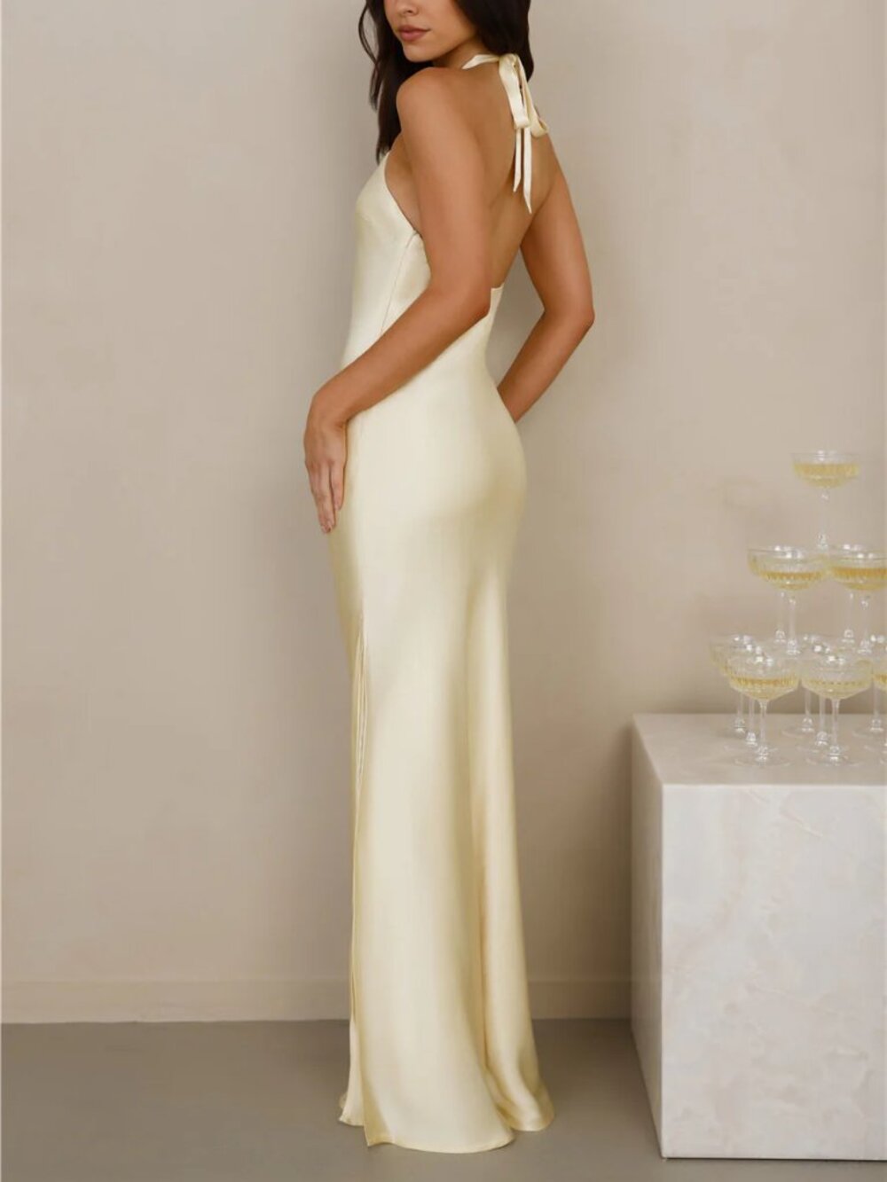 The Delilah Satin Halter Maxi Dress - Butter Yellow - Hello Molly - Picture 7 of 12